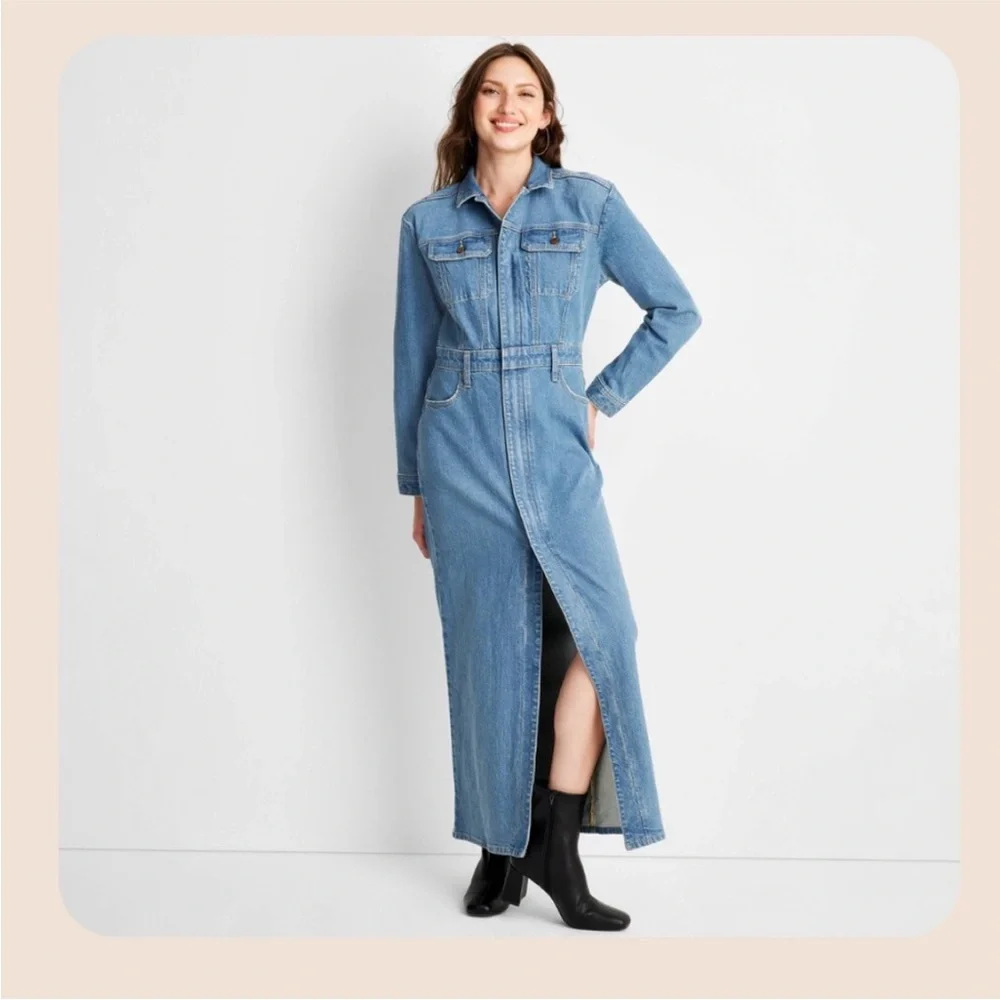 Denim Maxi Long Sleeve Shirtdress Universal Thread Medium Wash Size 6 NWT - Picture 1 of 10